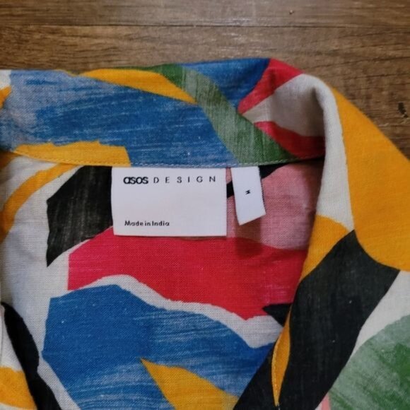 Men's ASOS Aloha Shirt Linen Blend Tiki Hawaii Geometric Print Pink Blue medium - Picture 4 of 8
